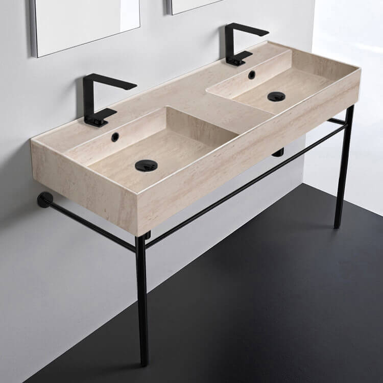 Scarabeo 5143-E-CON-BLK-Two Hole Beige Travertine Design Ceramic Console Double Sink With Matte Black Stand